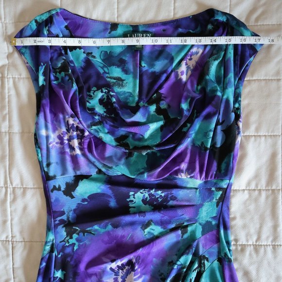 Ralph Lauren Purple, Teal, and Black Fitted Cowl Neck Dress - Picture 4 of 9